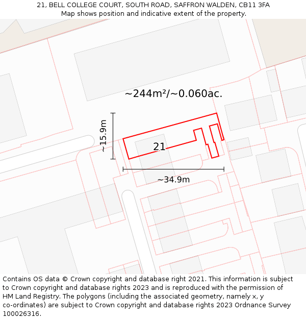 21, BELL COLLEGE COURT, SOUTH ROAD, SAFFRON WALDEN, CB11 3FA: Plot and title map
