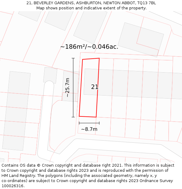 21, BEVERLEY GARDENS, ASHBURTON, NEWTON ABBOT, TQ13 7BL: Plot and title map