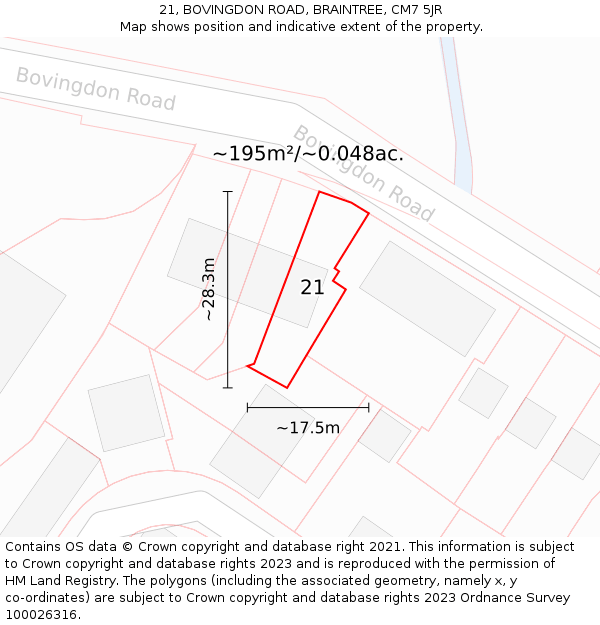 21, BOVINGDON ROAD, BRAINTREE, CM7 5JR: Plot and title map