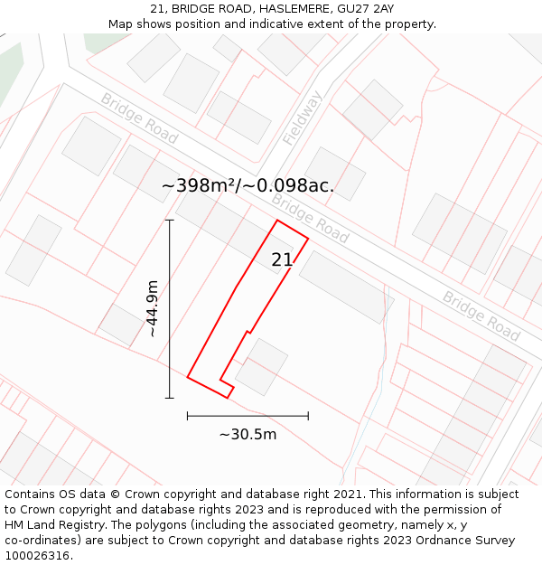 21, BRIDGE ROAD, HASLEMERE, GU27 2AY: Plot and title map