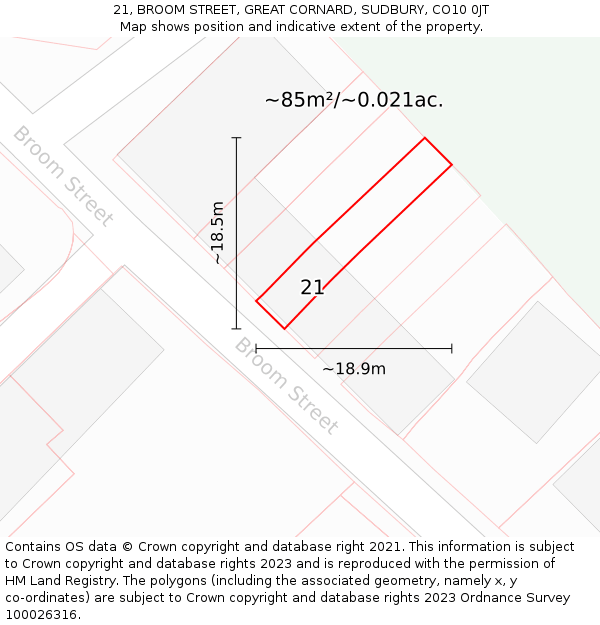 21, BROOM STREET, GREAT CORNARD, SUDBURY, CO10 0JT: Plot and title map