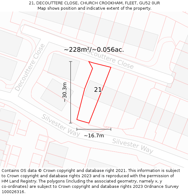 21, DECOUTTERE CLOSE, CHURCH CROOKHAM, FLEET, GU52 0UR: Plot and title map