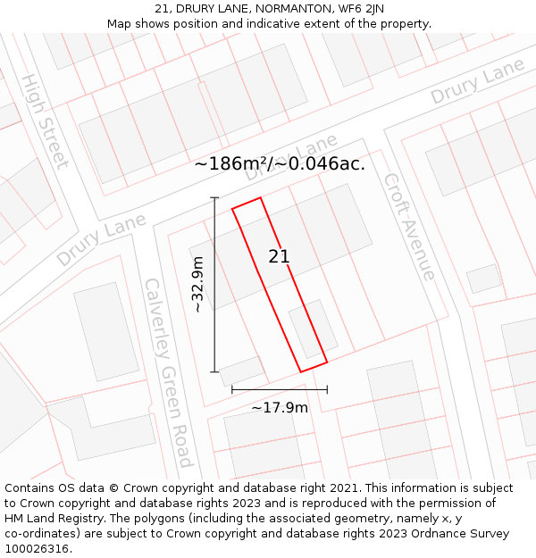 21, DRURY LANE, NORMANTON, WF6 2JN: Plot and title map