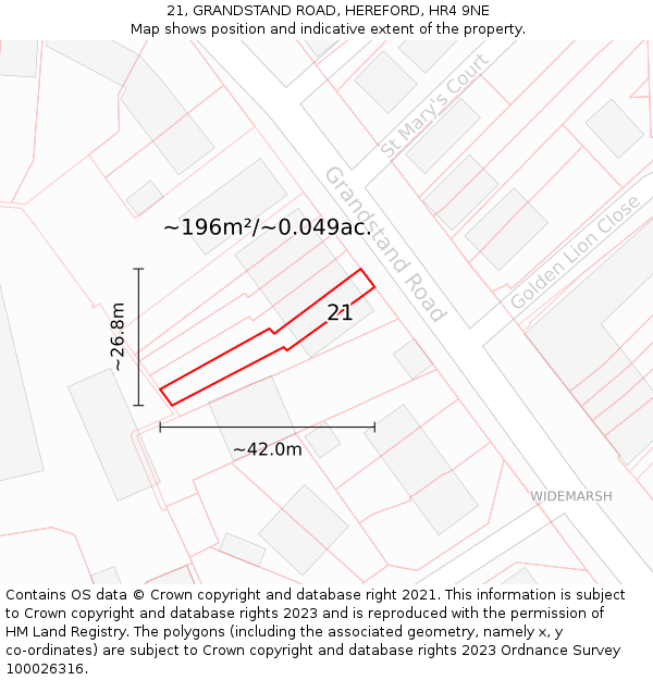 21, GRANDSTAND ROAD, HEREFORD, HR4 9NE: Plot and title map