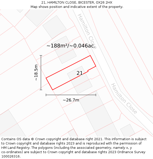 21, HAMILTON CLOSE, BICESTER, OX26 2HX: Plot and title map