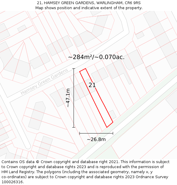 21, HAMSEY GREEN GARDENS, WARLINGHAM, CR6 9RS: Plot and title map
