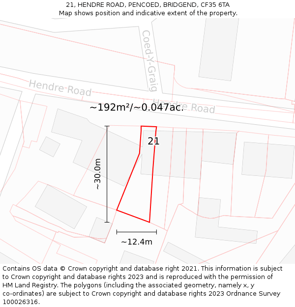 21, HENDRE ROAD, PENCOED, BRIDGEND, CF35 6TA: Plot and title map