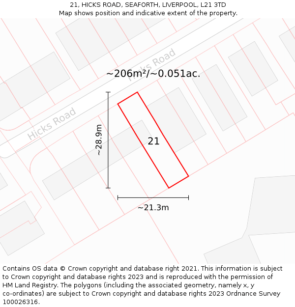 21, HICKS ROAD, SEAFORTH, LIVERPOOL, L21 3TD: Plot and title map