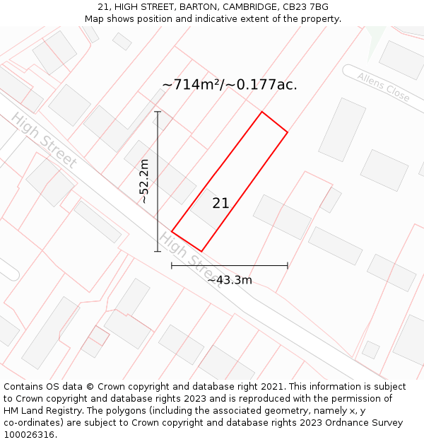21, HIGH STREET, BARTON, CAMBRIDGE, CB23 7BG: Plot and title map