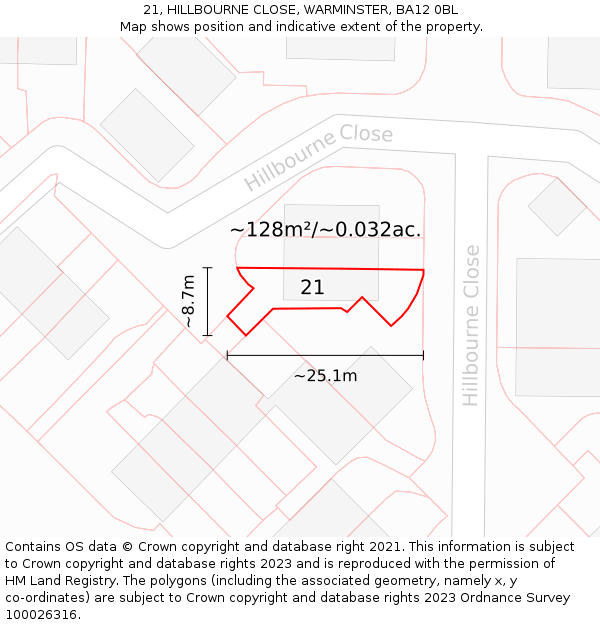 21, HILLBOURNE CLOSE, WARMINSTER, BA12 0BL: Plot and title map