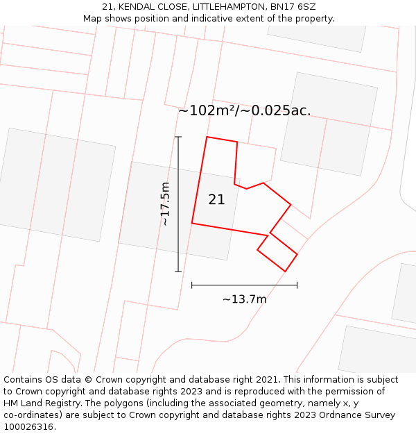 21, KENDAL CLOSE, LITTLEHAMPTON, BN17 6SZ: Plot and title map