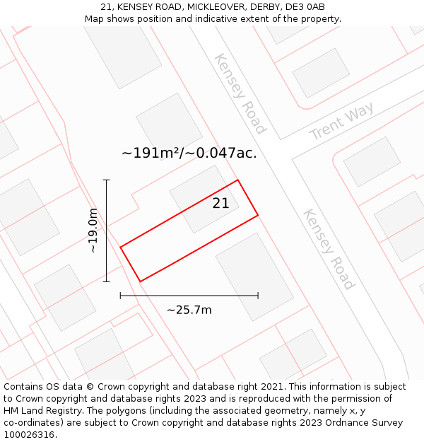 21, KENSEY ROAD, MICKLEOVER, DERBY, DE3 0AB: Plot and title map