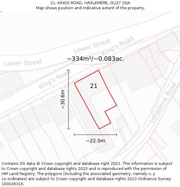 21, KINGS ROAD, HASLEMERE, GU27 2QA: Plot and title map