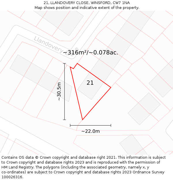 21, LLANDOVERY CLOSE, WINSFORD, CW7 1NA: Plot and title map