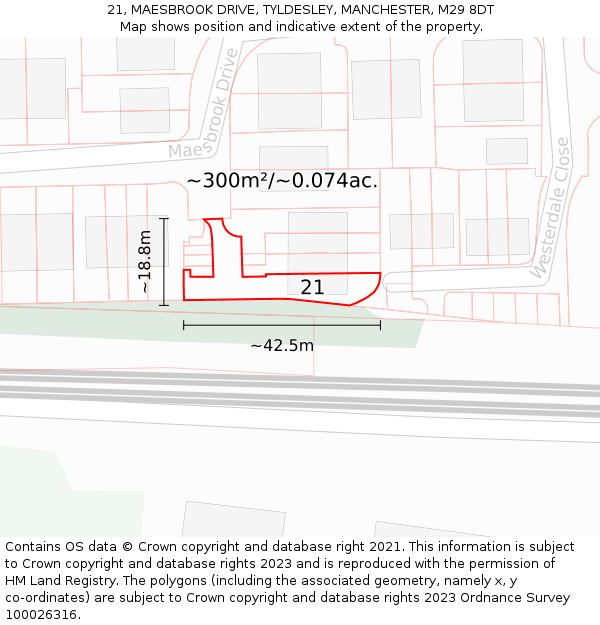 21, MAESBROOK DRIVE, TYLDESLEY, MANCHESTER, M29 8DT: Plot and title map