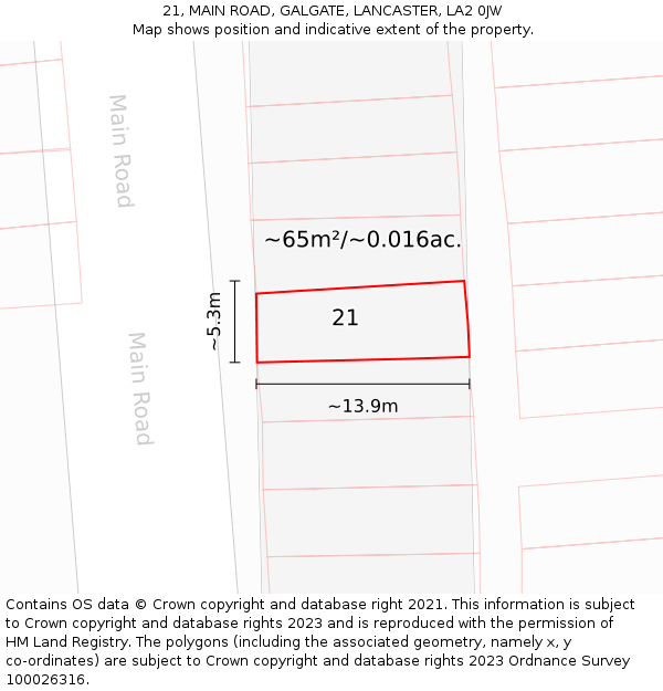 21, MAIN ROAD, GALGATE, LANCASTER, LA2 0JW: Plot and title map