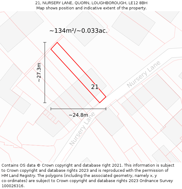 21, NURSERY LANE, QUORN, LOUGHBOROUGH, LE12 8BH: Plot and title map