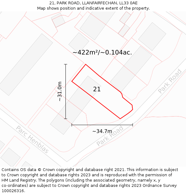 21, PARK ROAD, LLANFAIRFECHAN, LL33 0AE: Plot and title map