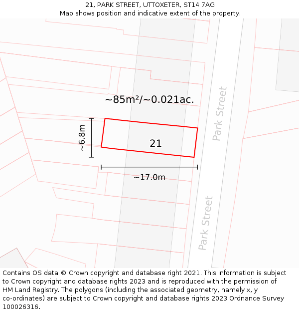 21, PARK STREET, UTTOXETER, ST14 7AG: Plot and title map