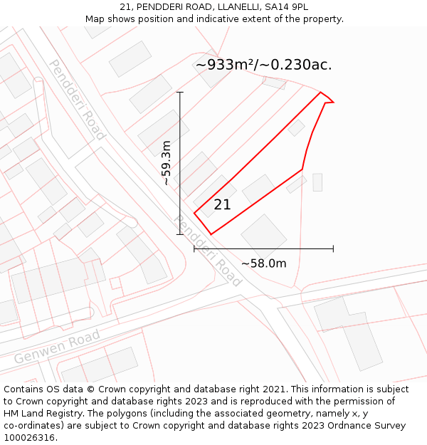 21, PENDDERI ROAD, LLANELLI, SA14 9PL: Plot and title map