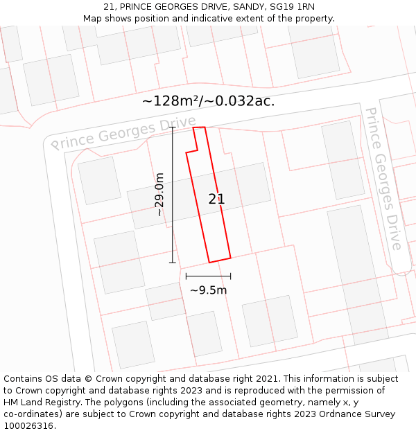 21, PRINCE GEORGES DRIVE, SANDY, SG19 1RN: Plot and title map