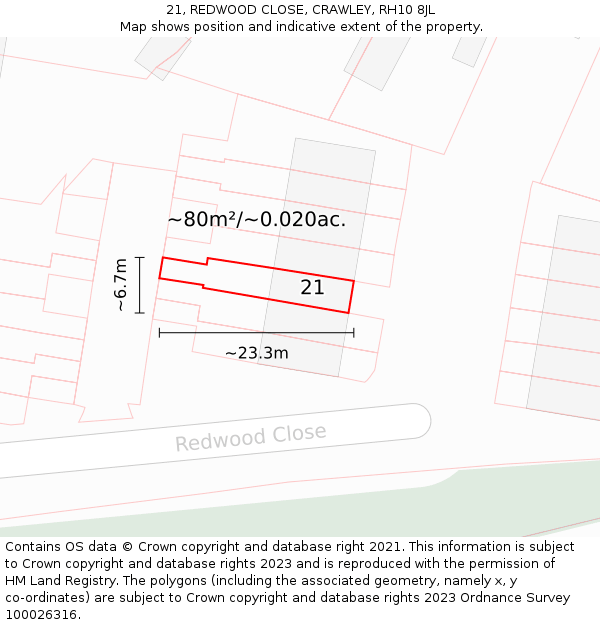 21, REDWOOD CLOSE, CRAWLEY, RH10 8JL: Plot and title map