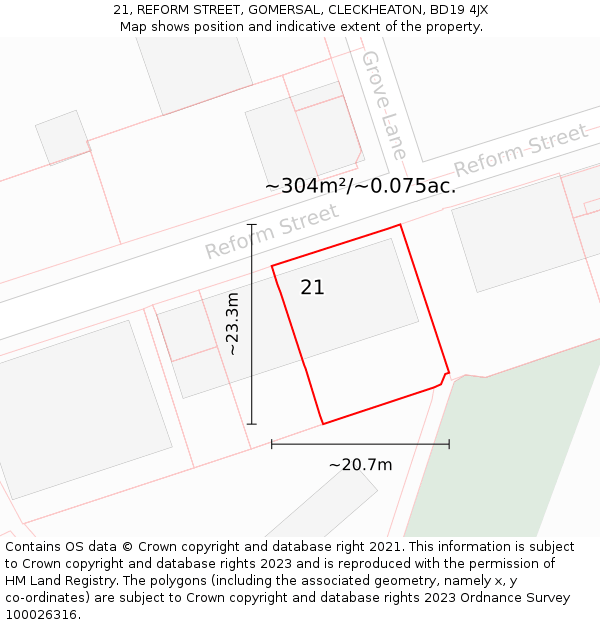 21, REFORM STREET, GOMERSAL, CLECKHEATON, BD19 4JX: Plot and title map