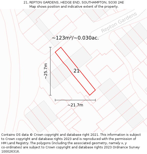 21, REPTON GARDENS, HEDGE END, SOUTHAMPTON, SO30 2AE: Plot and title map