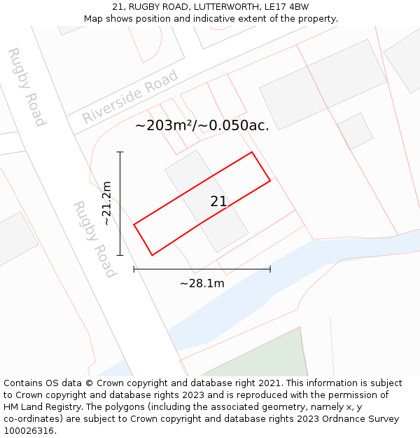 21, RUGBY ROAD, LUTTERWORTH, LE17 4BW: Plot and title map