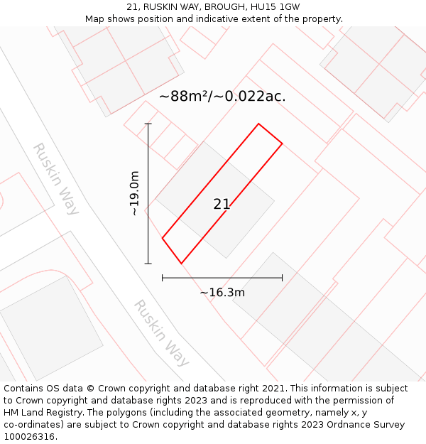 21, RUSKIN WAY, BROUGH, HU15 1GW: Plot and title map