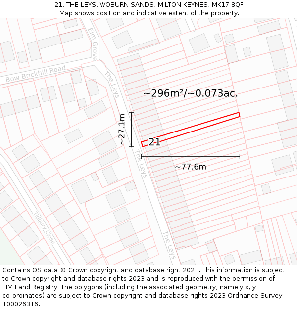 21, THE LEYS, WOBURN SANDS, MILTON KEYNES, MK17 8QF: Plot and title map