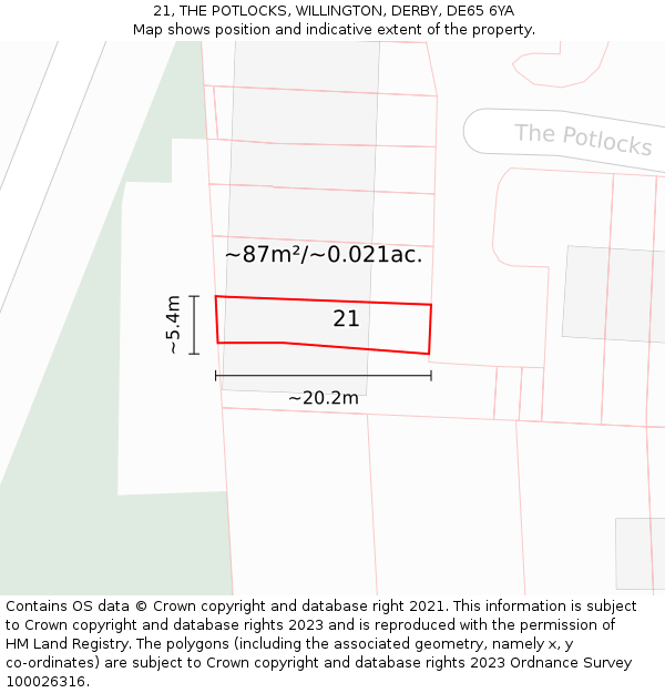 21, THE POTLOCKS, WILLINGTON, DERBY, DE65 6YA: Plot and title map
