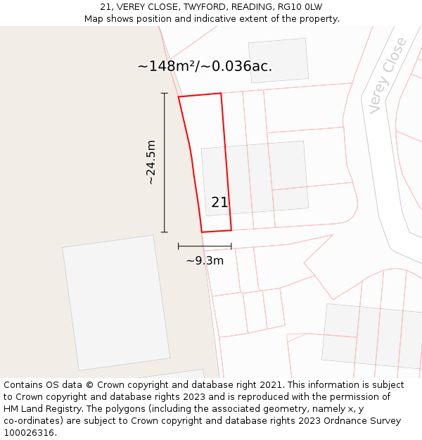 21, VEREY CLOSE, TWYFORD, READING, RG10 0LW: Plot and title map