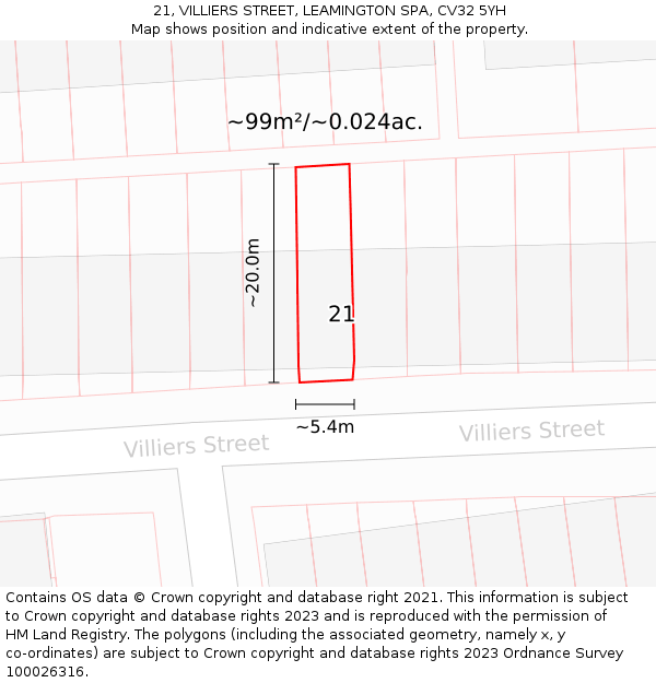 21, VILLIERS STREET, LEAMINGTON SPA, CV32 5YH: Plot and title map