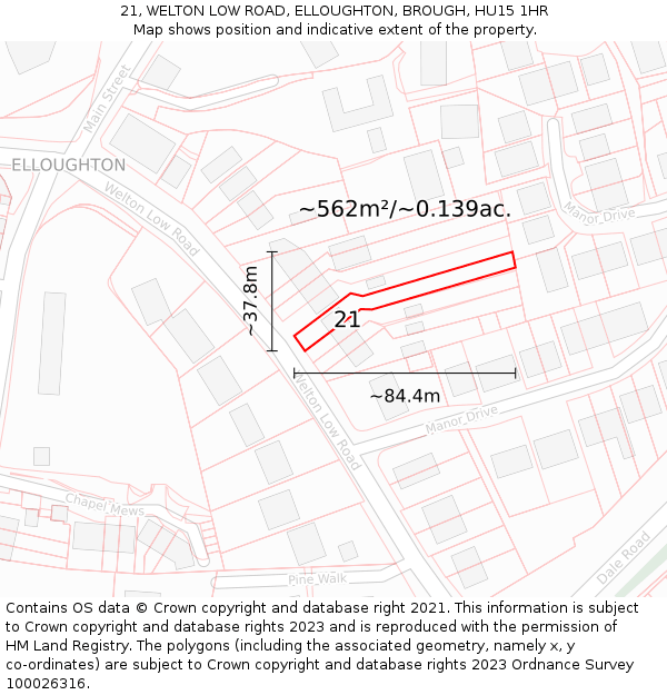 21, WELTON LOW ROAD, ELLOUGHTON, BROUGH, HU15 1HR: Plot and title map