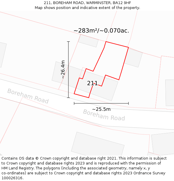 211, BOREHAM ROAD, WARMINSTER, BA12 9HF: Plot and title map