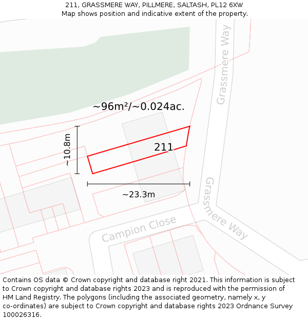 211, GRASSMERE WAY, PILLMERE, SALTASH, PL12 6XW: Plot and title map