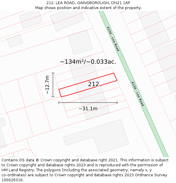 212, LEA ROAD, GAINSBOROUGH, DN21 1AP: Plot and title map
