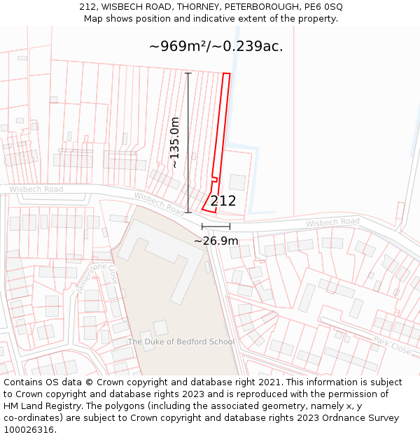 212, WISBECH ROAD, THORNEY, PETERBOROUGH, PE6 0SQ: Plot and title map