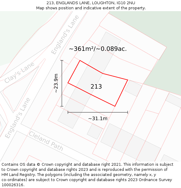213, ENGLANDS LANE, LOUGHTON, IG10 2NU: Plot and title map