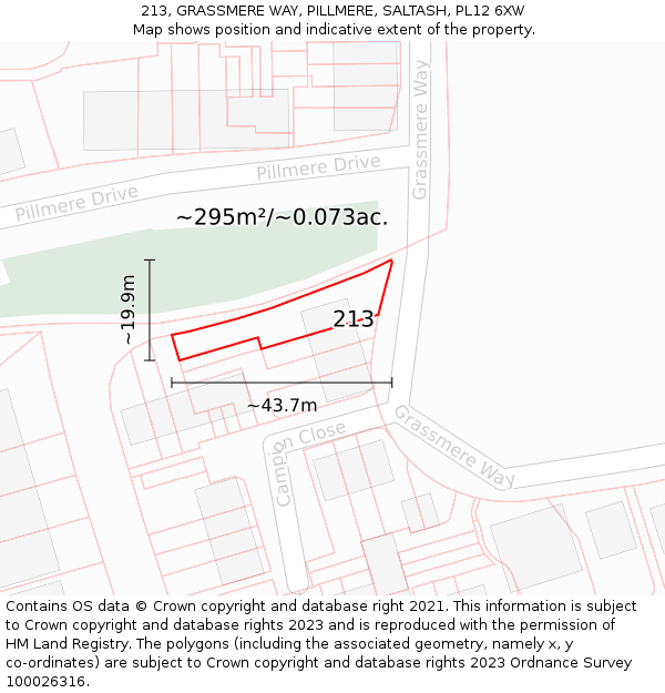 213, GRASSMERE WAY, PILLMERE, SALTASH, PL12 6XW: Plot and title map