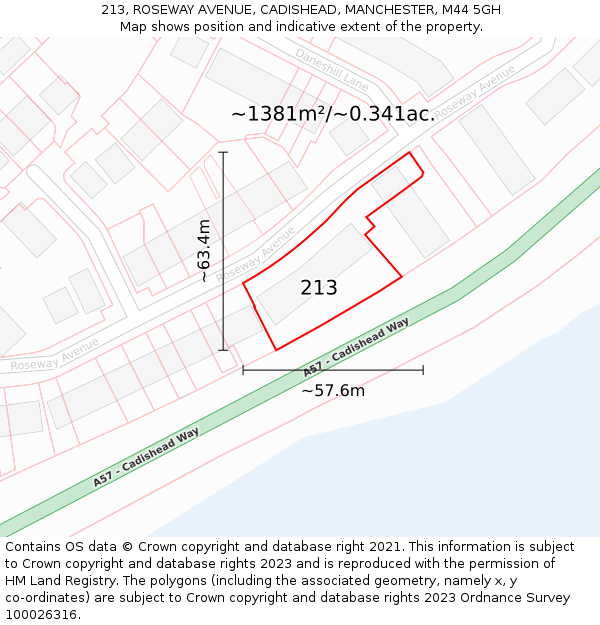213, ROSEWAY AVENUE, CADISHEAD, MANCHESTER, M44 5GH: Plot and title map