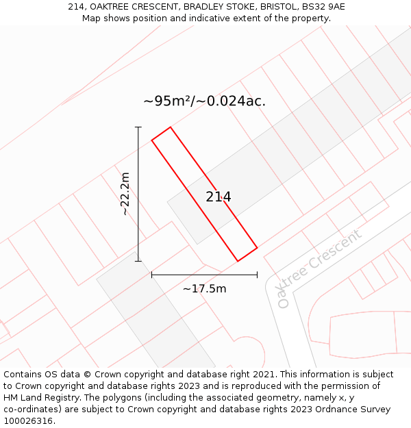 214, OAKTREE CRESCENT, BRADLEY STOKE, BRISTOL, BS32 9AE: Plot and title map