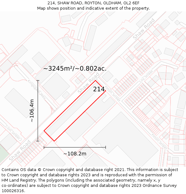 214, SHAW ROAD, ROYTON, OLDHAM, OL2 6EF: Plot and title map