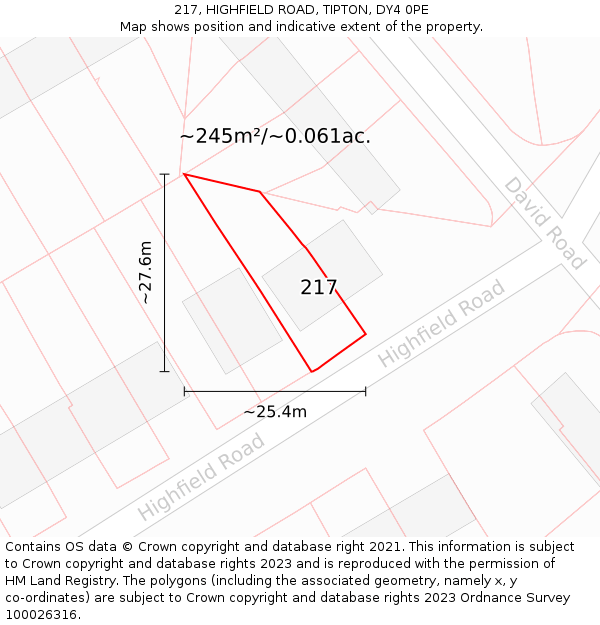 217, HIGHFIELD ROAD, TIPTON, DY4 0PE: Plot and title map