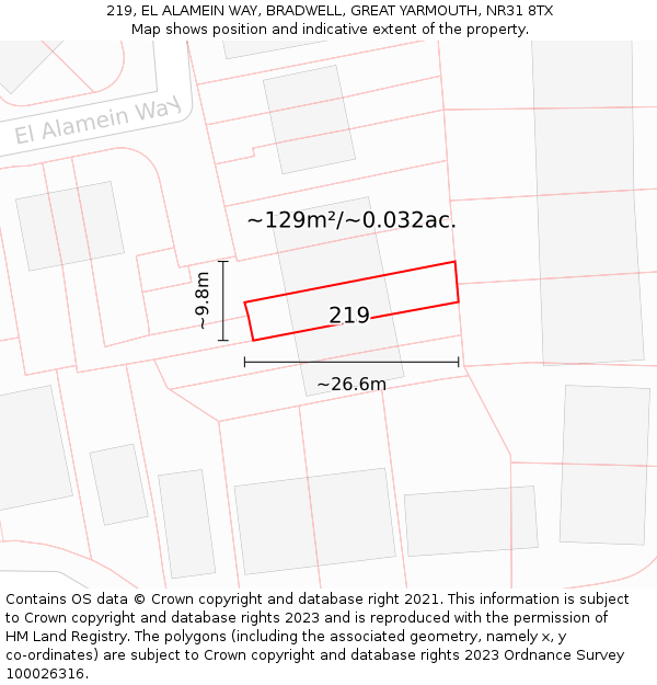 219, EL ALAMEIN WAY, BRADWELL, GREAT YARMOUTH, NR31 8TX: Plot and title map
