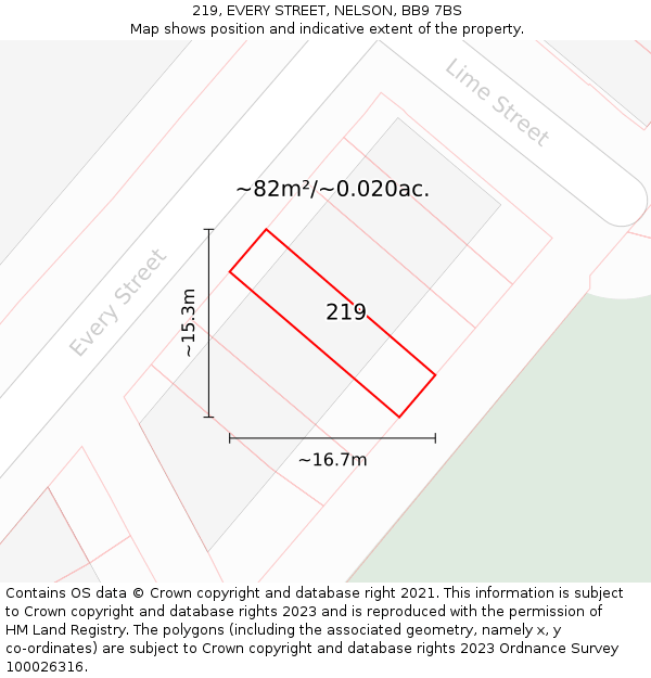 219, EVERY STREET, NELSON, BB9 7BS: Plot and title map