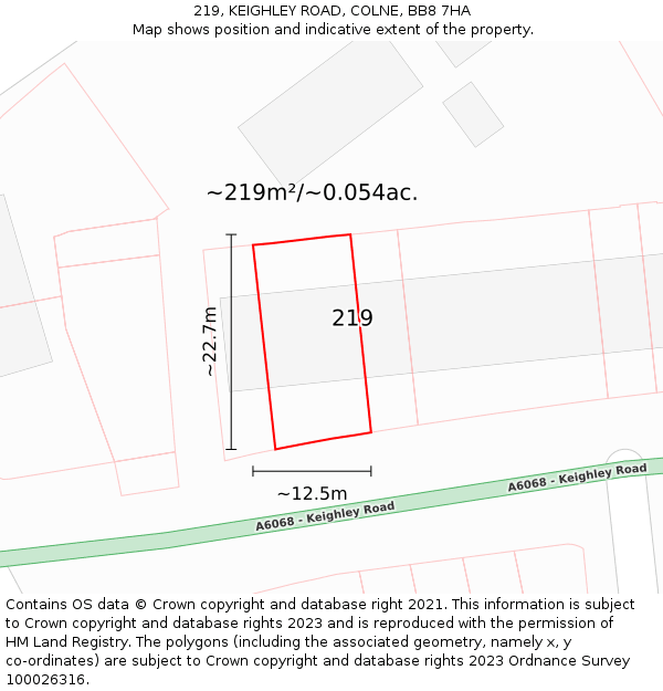 219, KEIGHLEY ROAD, COLNE, BB8 7HA: Plot and title map