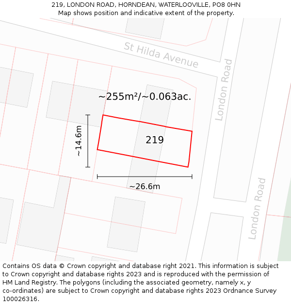 219, LONDON ROAD, HORNDEAN, WATERLOOVILLE, PO8 0HN: Plot and title map