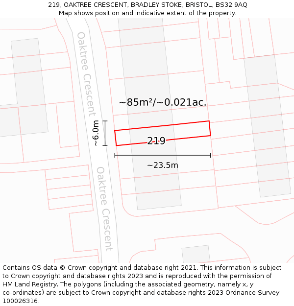 219, OAKTREE CRESCENT, BRADLEY STOKE, BRISTOL, BS32 9AQ: Plot and title map